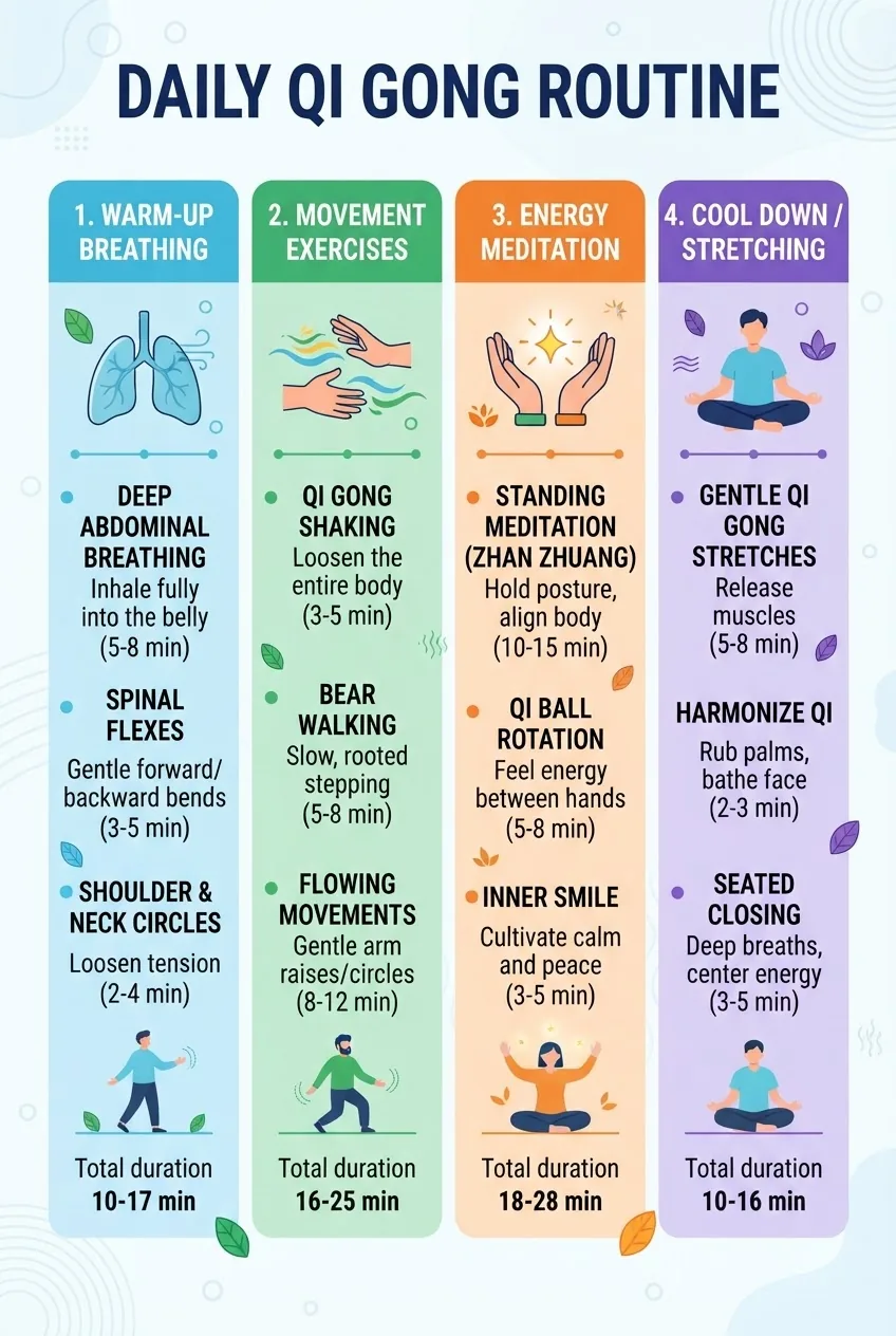 shows a daily qi gong routine split into four parts: warm-up breathing (icon with lungs), movement exercises (icon with flowing hands),