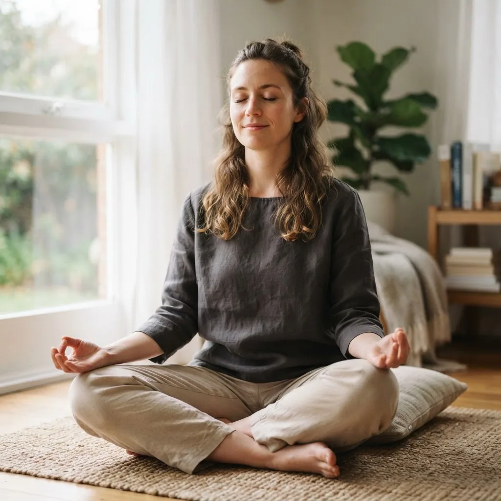 Close-up of a young woman sitting cross-legged indoors with eyes closed, practicing deep breathing meditation, soft diffuse daylight