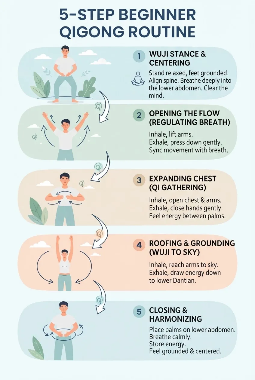 An infographic showing a 5-step beginner qigong routine with illustrated human figures in various poses, each pose labeled with brief