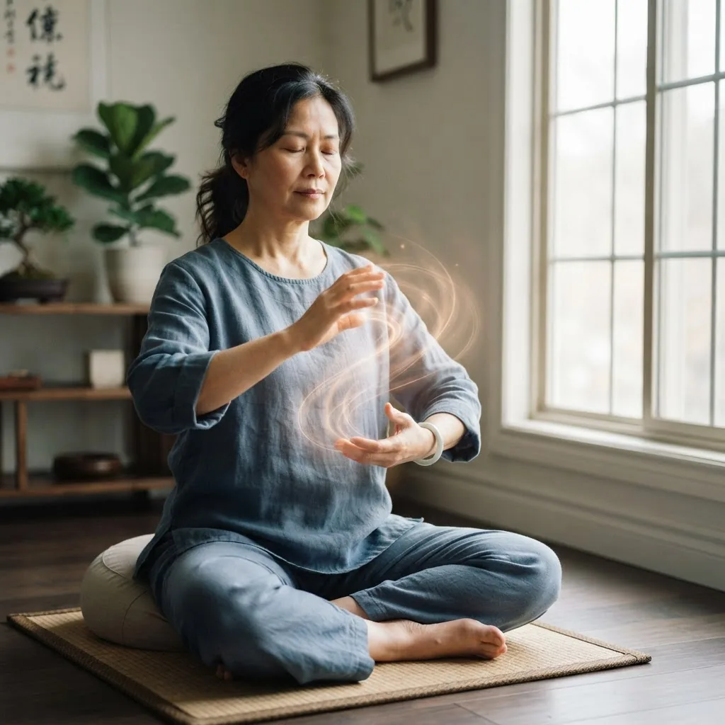 Close-up of a qigong practitioner demonstrating healing postures and hand mudras, set indoors with natural daylight from a window,