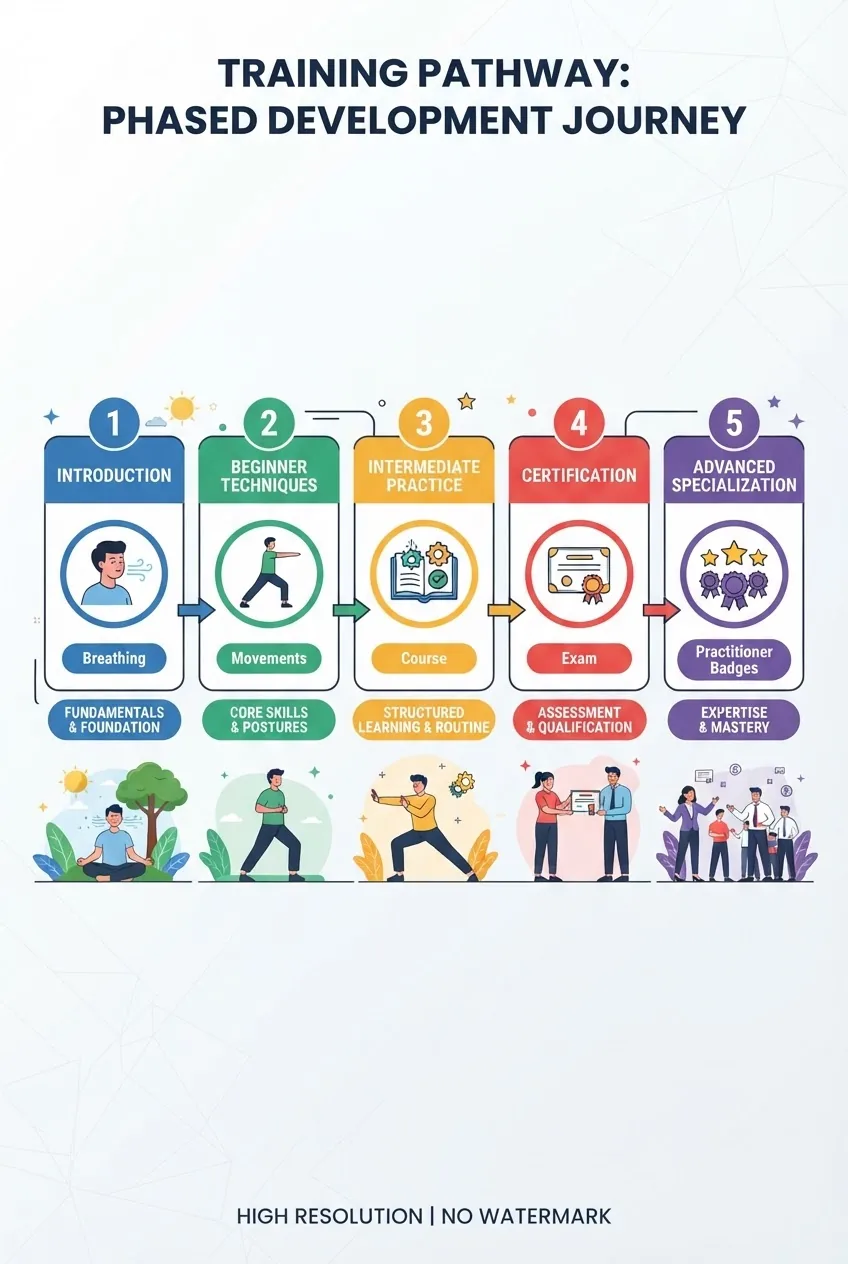 A step-by-step training pathway infographic showing sequential phases: introduction, beginner techniques, intermediate practice,