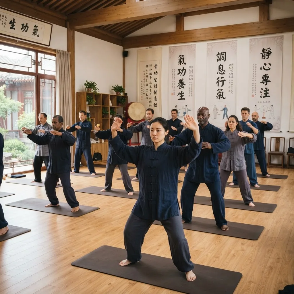 A group of diverse students in traditional attire practicing advanced qigong breathing and movement exercises indoors in a well-lit