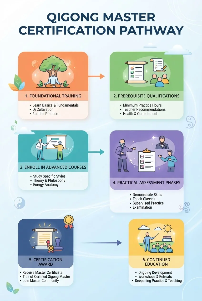 A multi-step flowchart infographic illustrating the certification pathway for qigong masters: starting from foundational training,