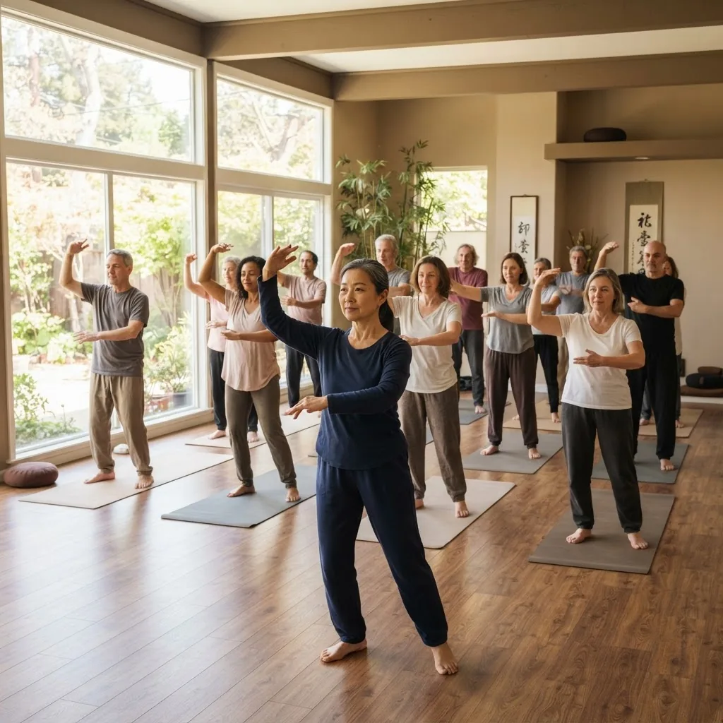 group of diverse adults attending a qigong class in a bright indoor studio, instructor demonstrating movements in front, students mimicking