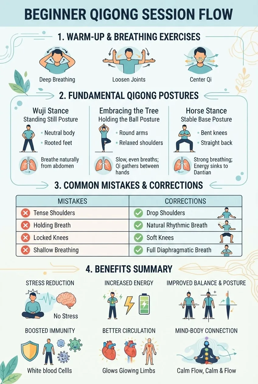 A vertical infographic detailing a beginner qigong session flow: warm-up with breathing exercises, three fundamental qigong postures