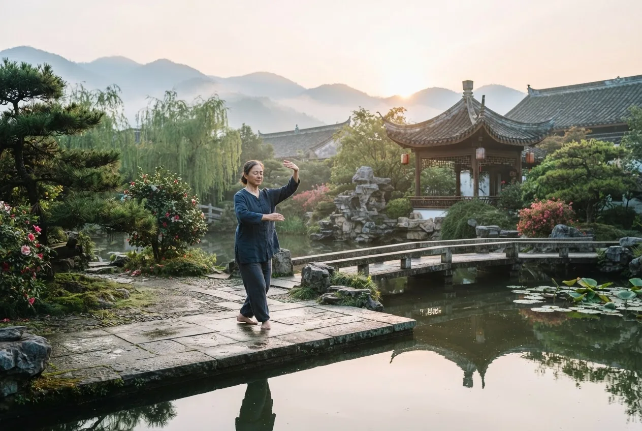 a serene outdoor scene of a person practicing slow, flowing qigong movements in a traditional Chinese garden at sunrise, soft natural