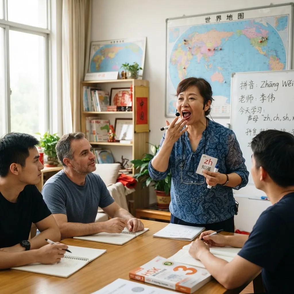 a linguistics professor or language tutor demonstrating Chinese pronunciation with mouth movements, showing clearly how to form sounds, in