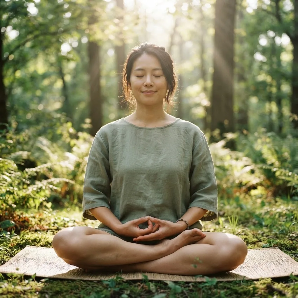 Close-up image of a calm practitioner meditating in a natural setting, with sun rays filtering through trees, focusing on relaxed facial