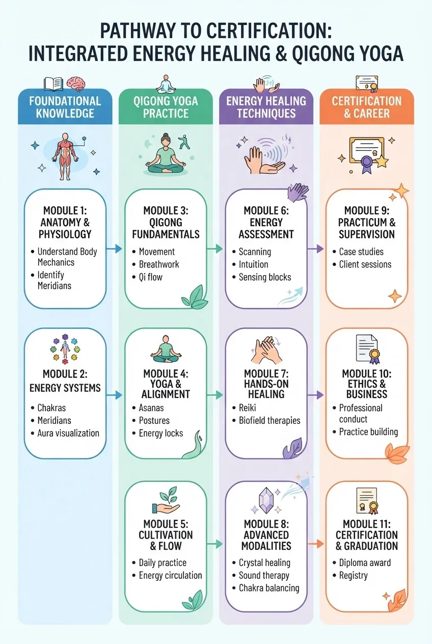 A clean infographic showing a step-by-step path to combined energy healing certification, featuring four columns: "Foundational Knowledge,"