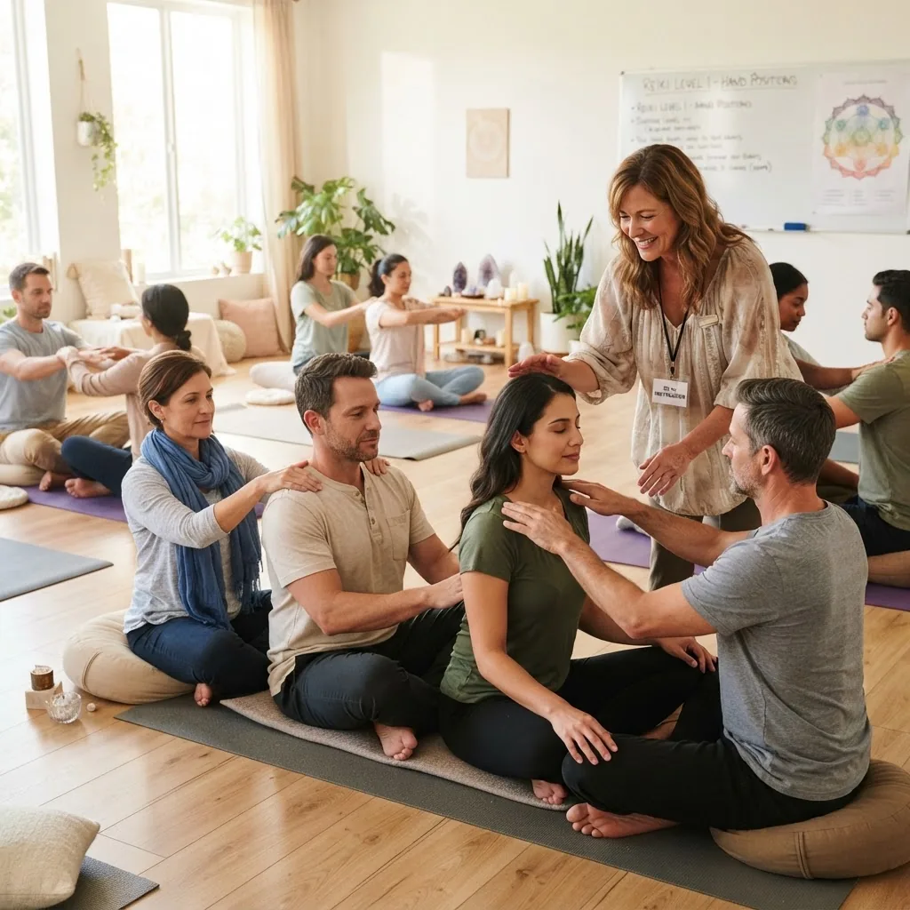 bright classroom environment with diverse adult students practicing Reiki hand positions in pairs under instructor supervision, showing