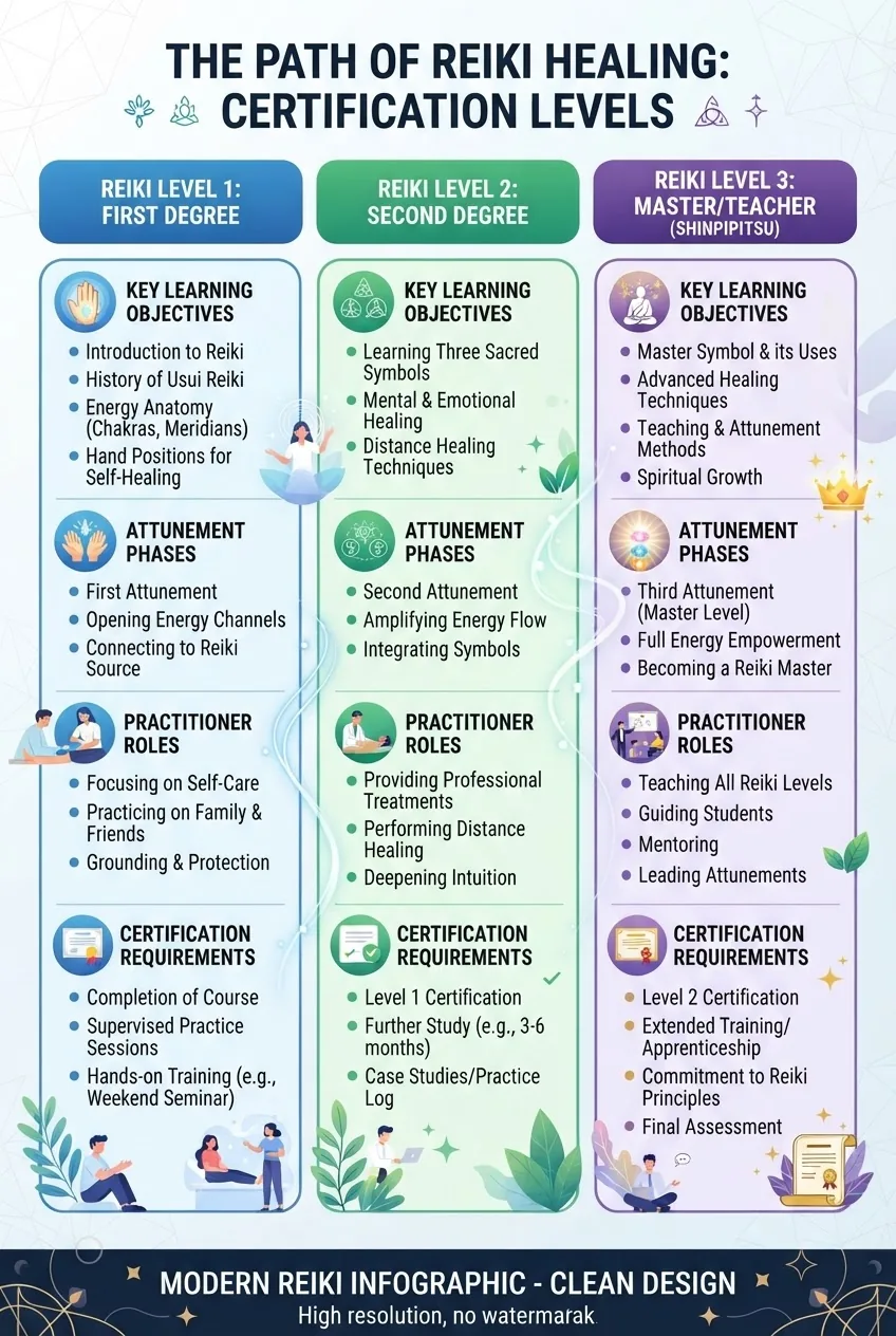 with three columns representing Reiki Level 1, Level 2, and Master certification, each column showing key learning objectives, attunement