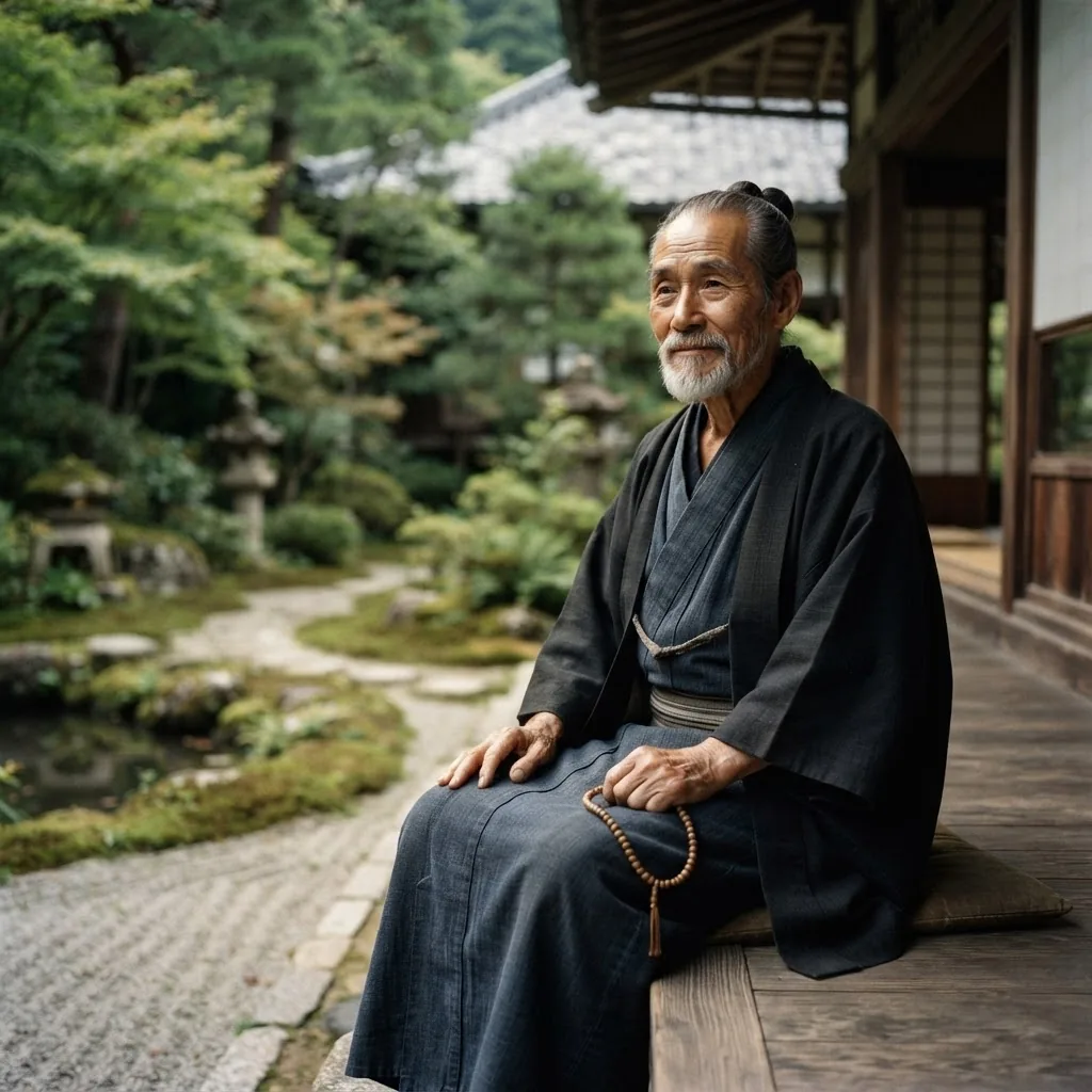 dignified, artful portrait of a traditional Japanese man from early 1900s Japan, dressed in modest kimono, sitting quietly in a serene