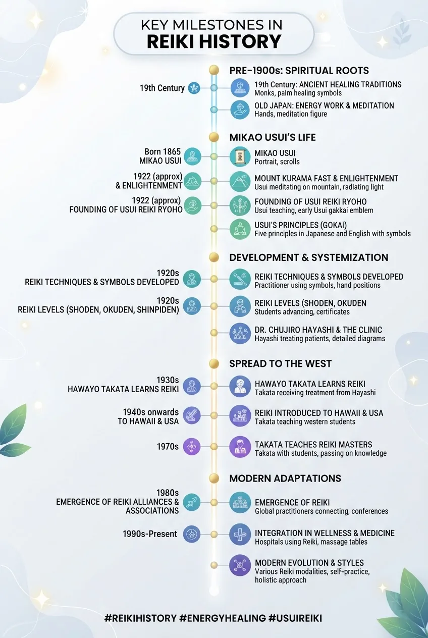 is a vertical timeline illustrating key milestones in Reiki history from pre-1900s spiritual roots, Mikao Usui’s life events, development