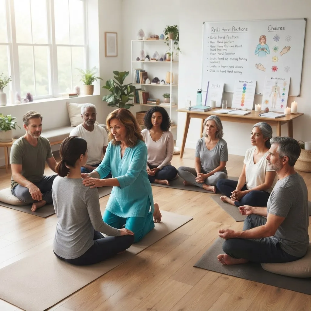 A professional Reiki training setting with students attentively watching an instructor demonstrating hand positions, bright and clean