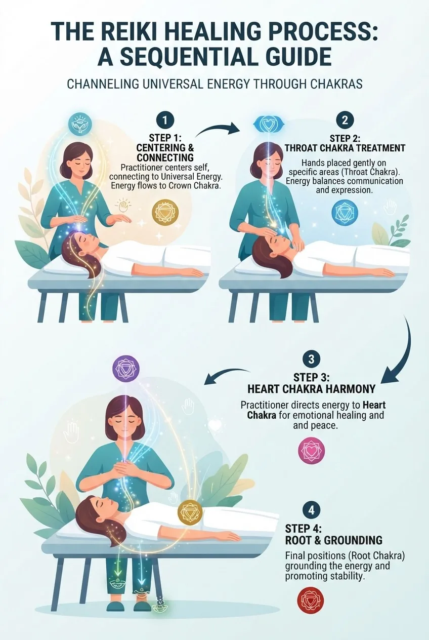 A clear infographic illustrating the Reiki healing process: four sequential steps showing the practitioner’s hand positions over the