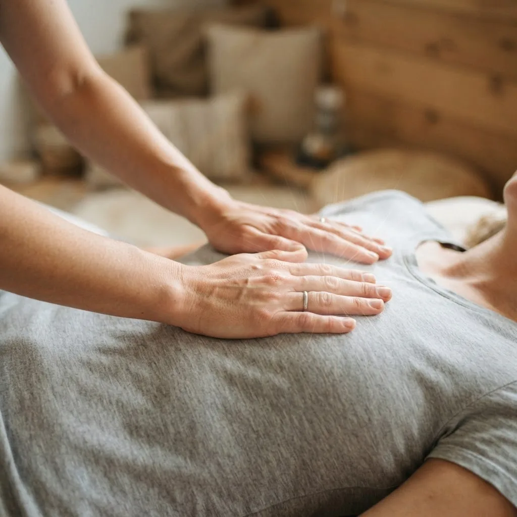 close-up of a pair of hands demonstrating traditional Reiki hand positions on the upper torso, clear and detailed focus on palm placement