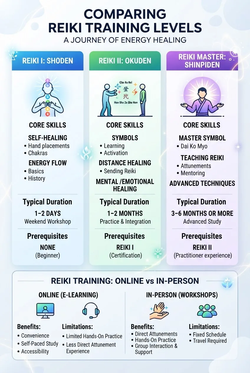 compares Reiki training levels: Reiki I, Reiki II, Reiki Master in three columns; each column shows an icon, core skills taught