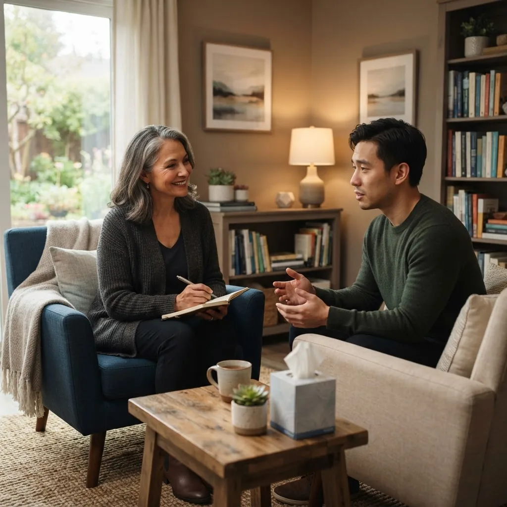 a professional therapist’s office setting showing a calm consultation between a therapist and a patient, medium shot, natural warm