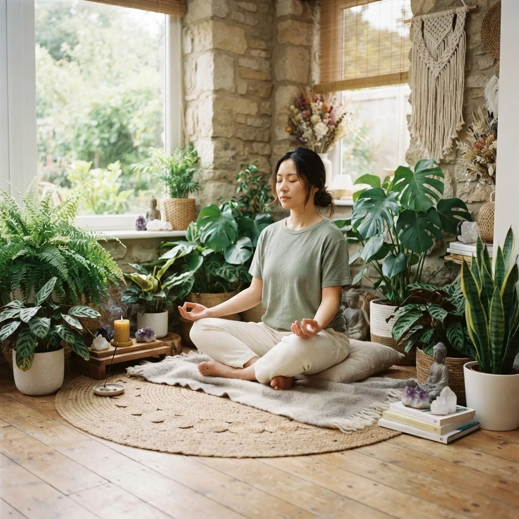 serene spa or meditation corner with soft natural light, featuring a person practicing mindfulness meditation in a relaxed pose, surrounded