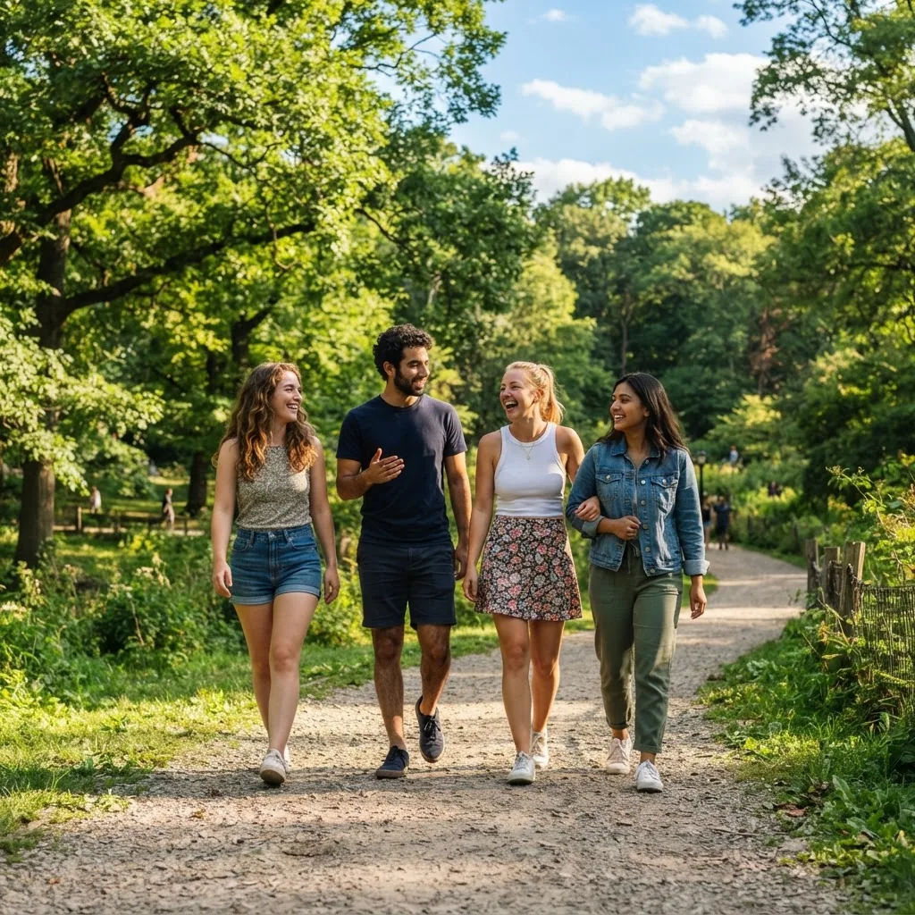 a small group of people outdoors in a green park, casually walking together along a sunlit trail, looking relaxed and connected, with trees