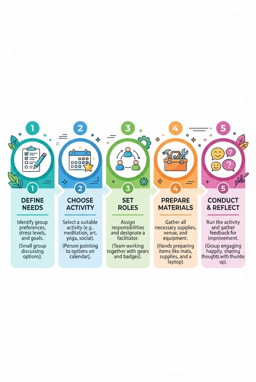 illustrating the group self care activity planning process: 1) Define group needs (icon: checklist), 2) Choose activity type (icon: