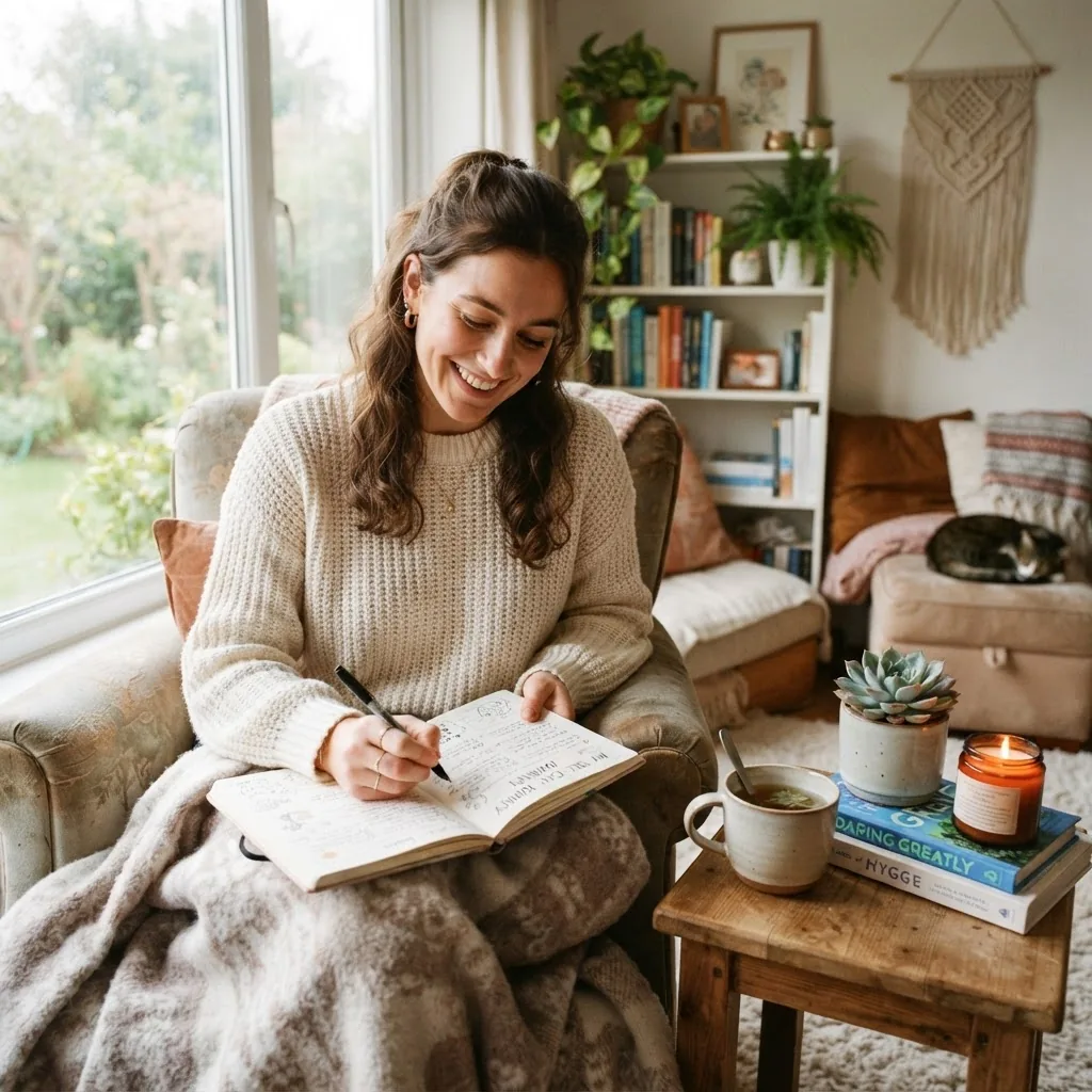 A cozy indoor setting showing a woman smiling while writing in a self care journal, with a cup of tea and calming decorative elements