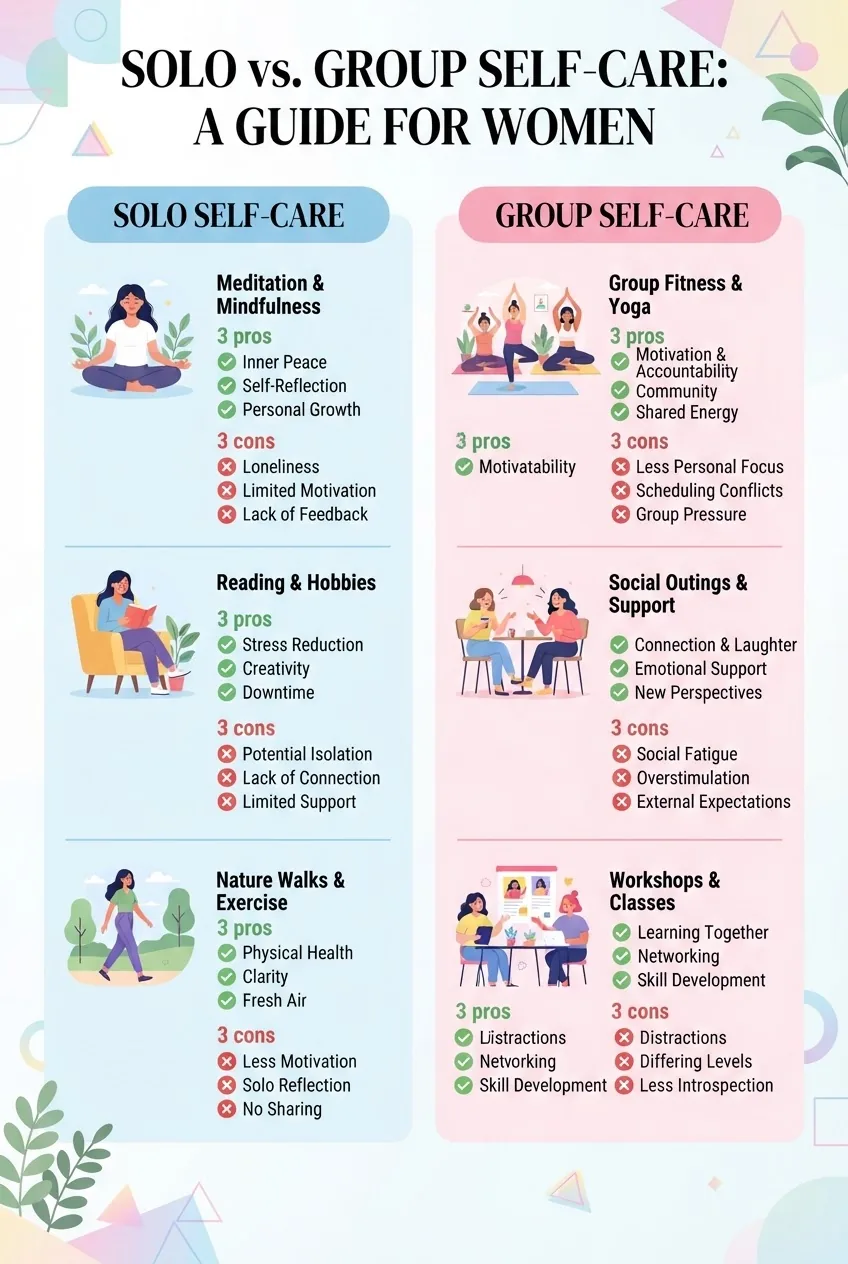 An infographic comparing solo and group self care activities for women, structured as two columns with icons: solo column showing