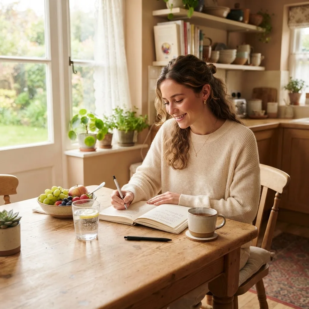 bright and inviting home setting showing a person engaging in a morning self care routine at a kitchen table with a glass of water, a