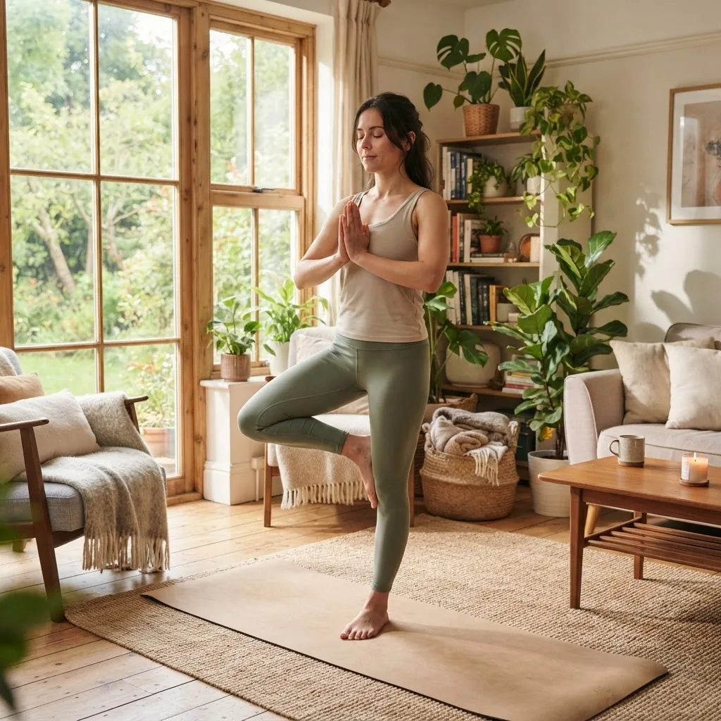 a peaceful home setting with a person exercising gently indoors, natural sunlight filtering through a window, elements of plants and cozy