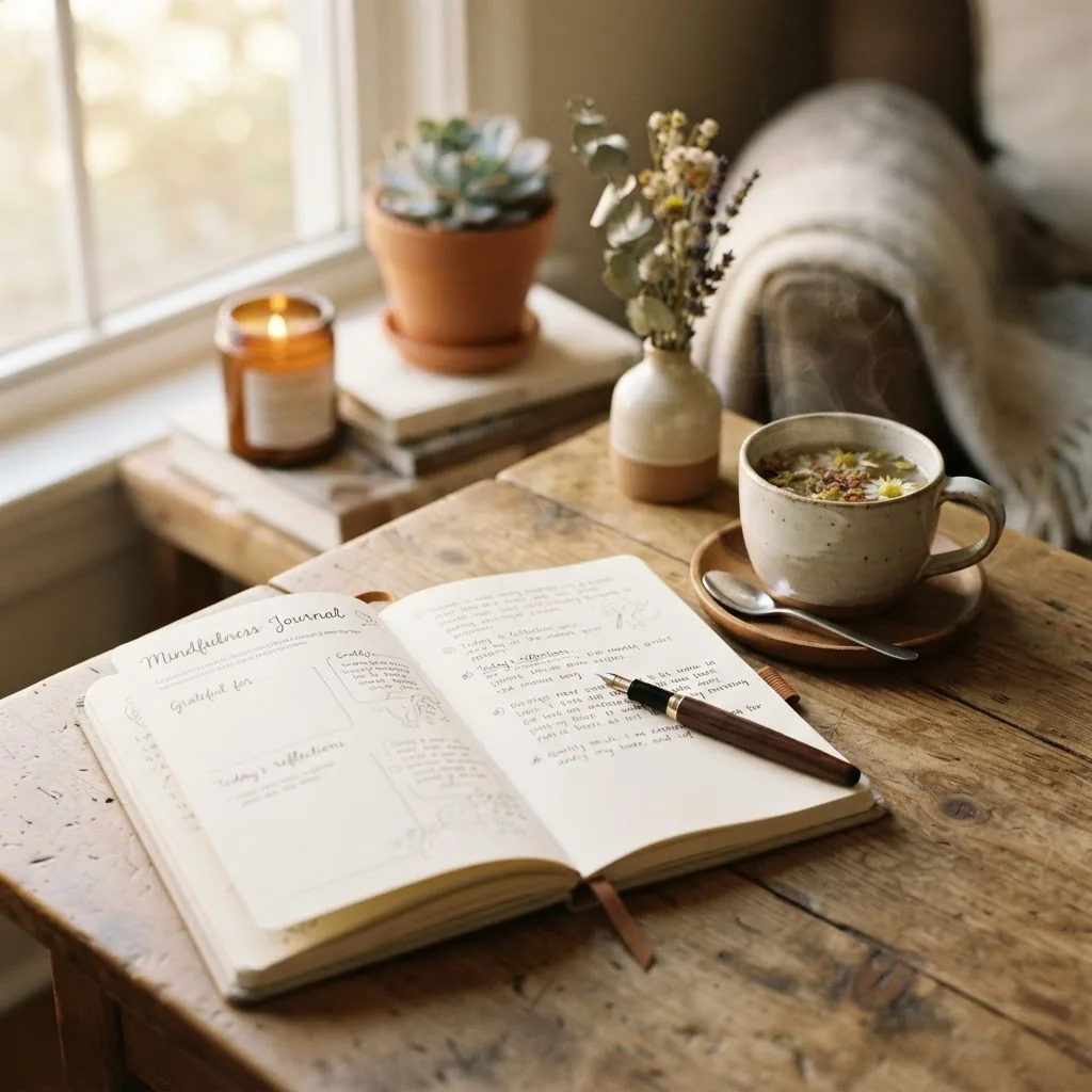 a close-up of a journal, pen, and a cup of herbal tea on a wooden table with soft focus background of calming decor, warm afternoon light