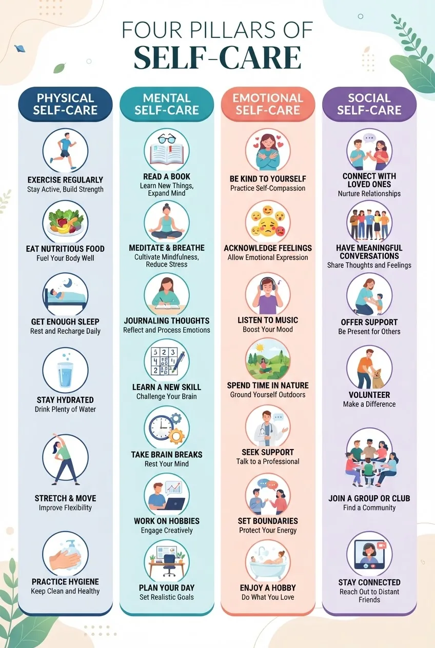 with four clearly labeled columns for Physical, Mental, Emotional, and Social self care categories, each with 5-7 illustrated icons