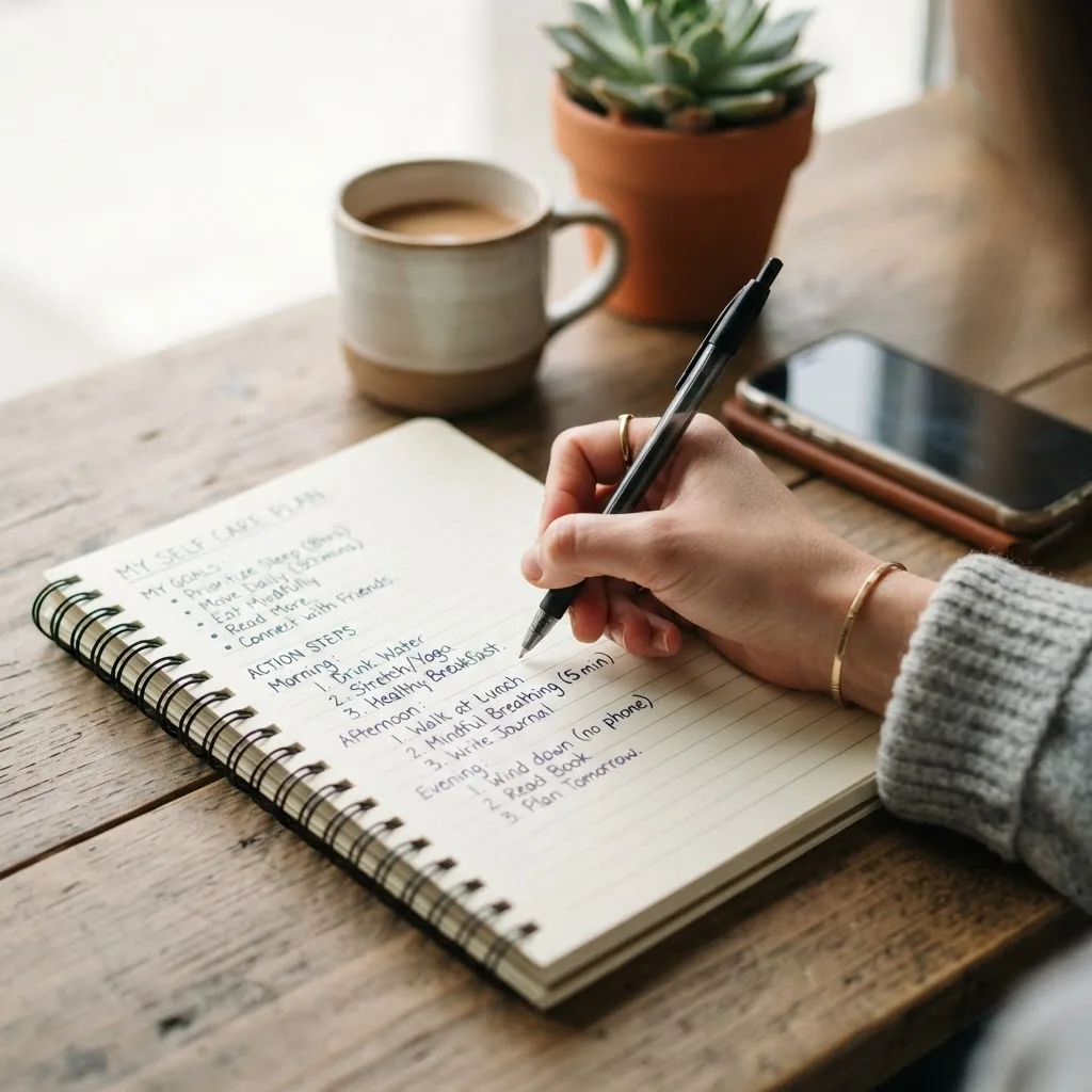 close-up of a hand writing down a self care plan in a notebook, showing neatly listed goals and action steps on lined paper, with a