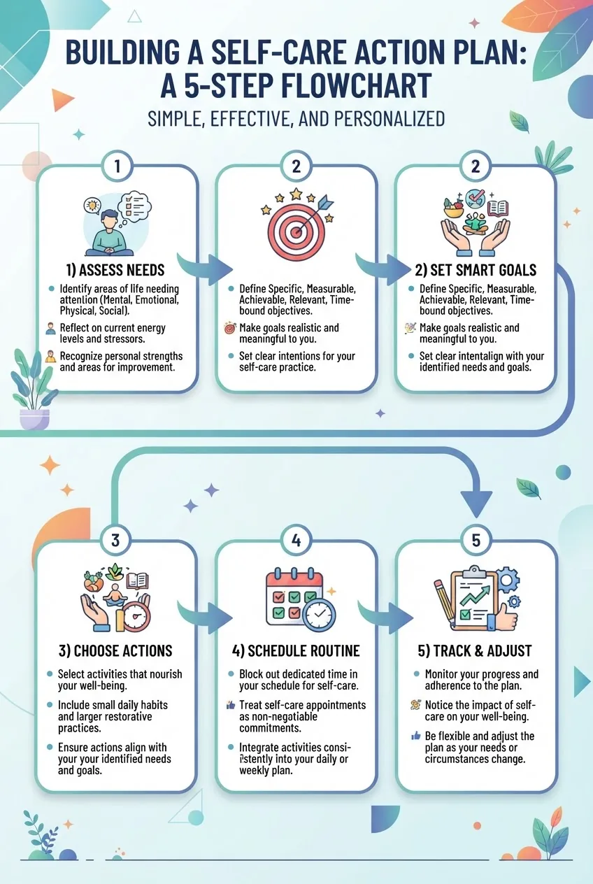 shows a 5-step flowchart for building a self care action plan: 1) Assess Needs, 2) Set SMART Goals, 3) Choose Actions, 4) Schedule Routine,