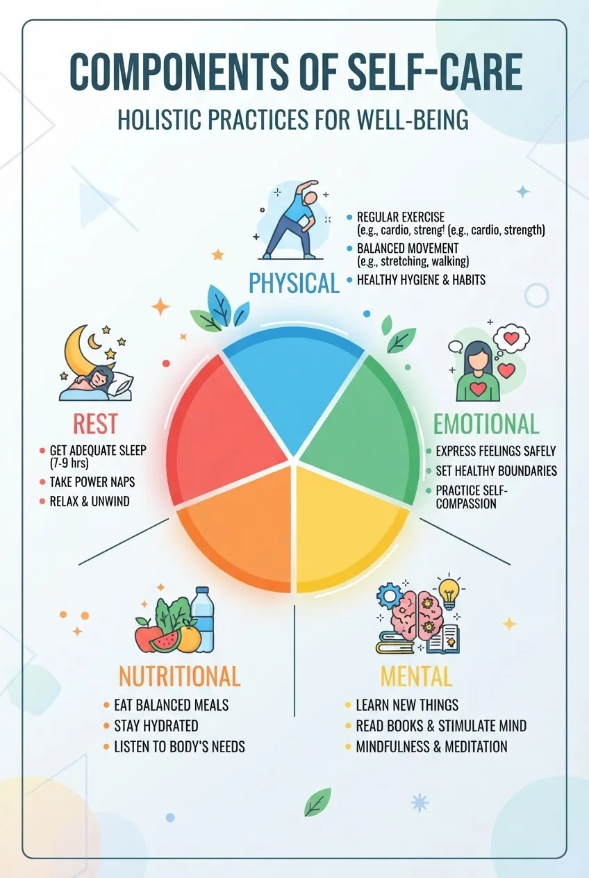 illustrates a segmented pie chart with labeled sections for physical, emotional, mental, nutritional, and rest components of self care,