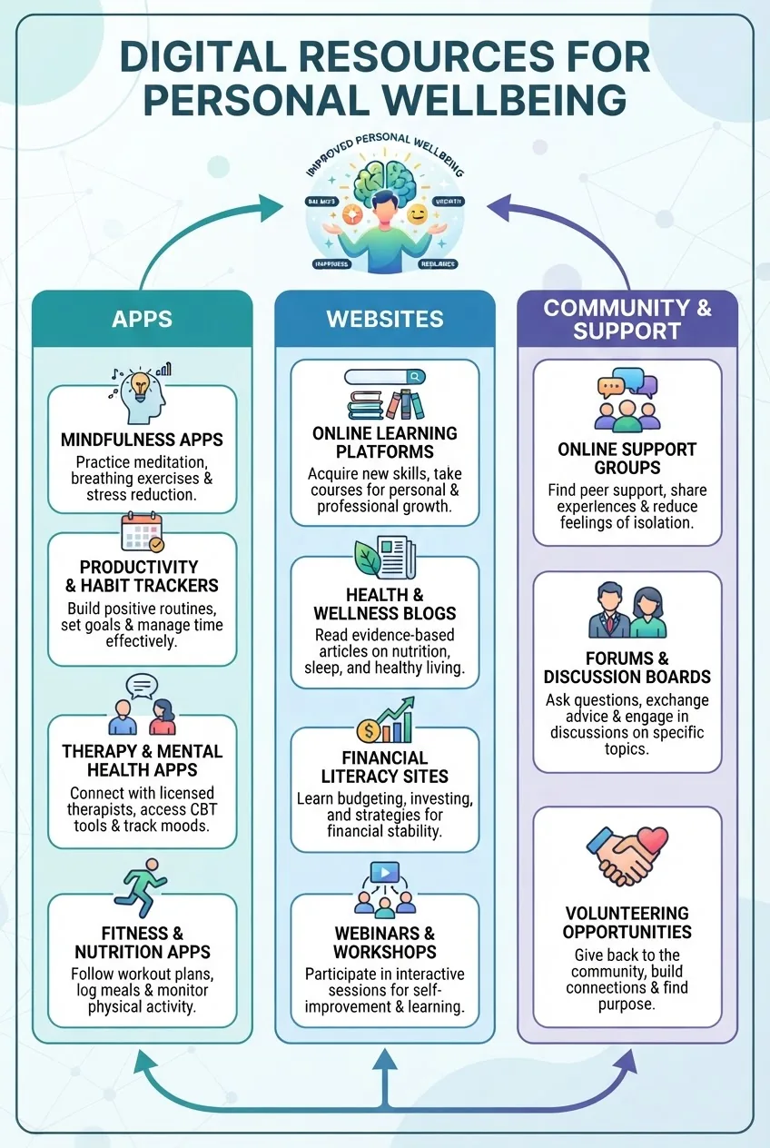 is a three-column infographic with headings "Apps," "Websites," and "Community & Support," each column featuring 3-4 icons representing