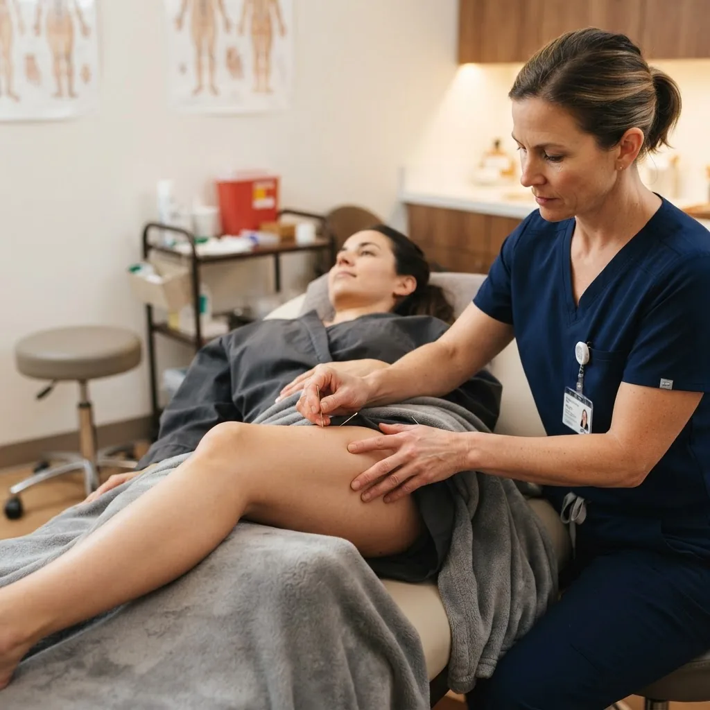 A clinical setting photo showing a practitioner performing acupuncture needling on the SP10 point on a patient’s medial thigh, angled side