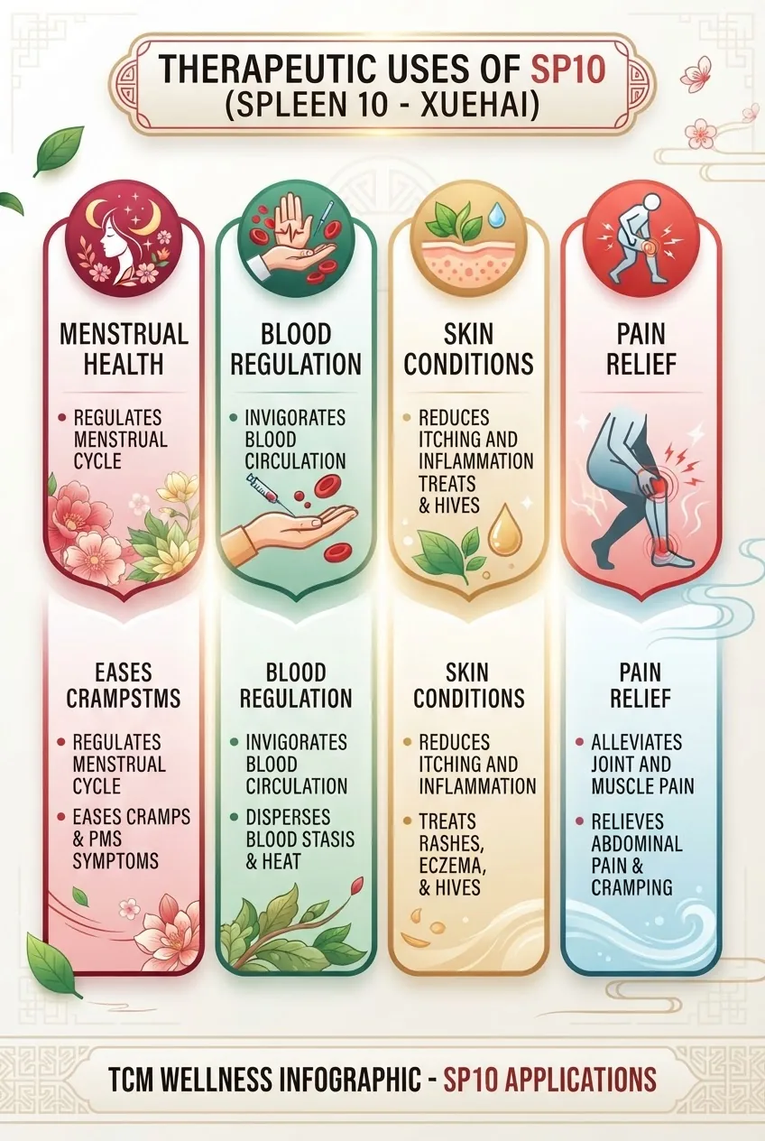 An infographic with four columns, each representing a main therapeutic use of SP10 (menstrual health, blood regulation, skin conditions,