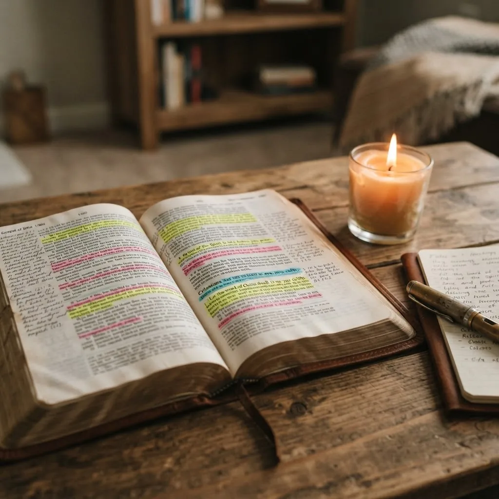 Close-up of an open Bible with highlighted passages and a lit candle in soft warm lighting, conveying reflection and study on spiritual