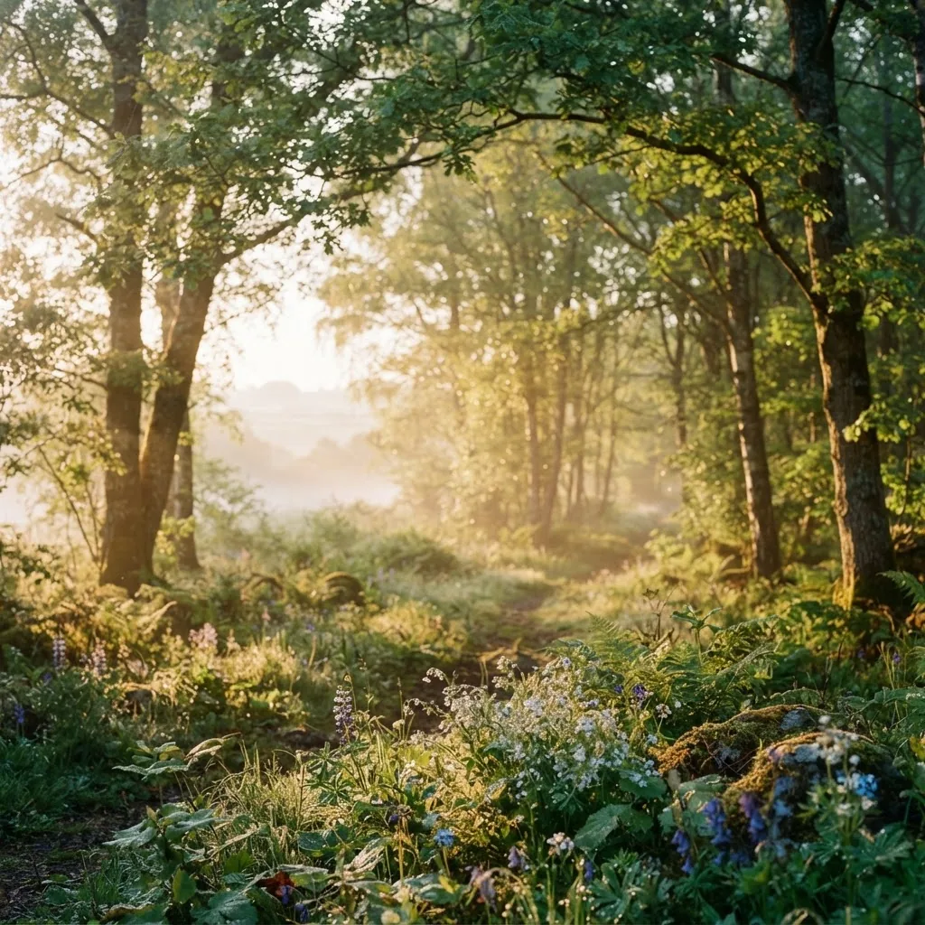 A peaceful natural landscape at dawn with soft sunlight filtering through trees, symbolizing new beginnings and spiritual growth,