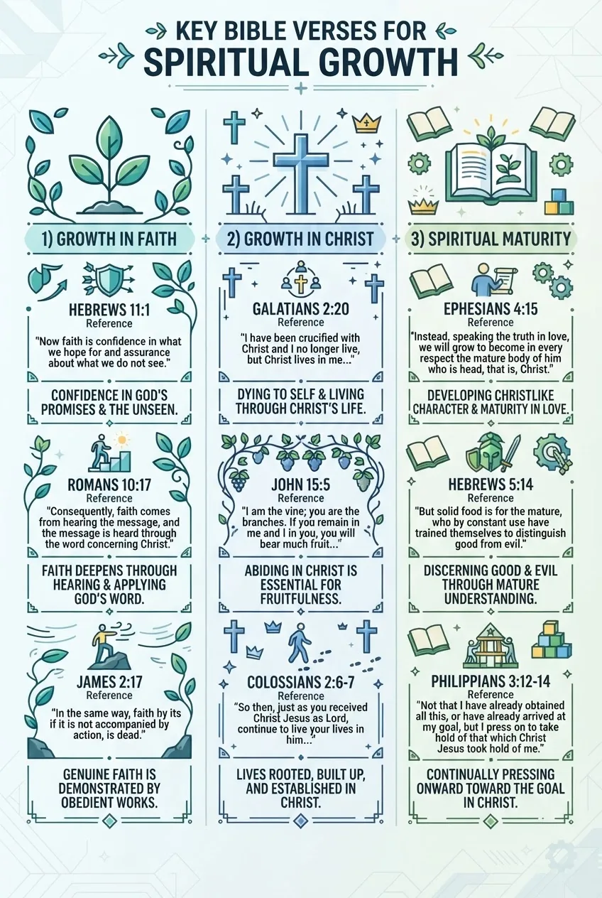 A three-column infographic comparing categories of spiritual growth scriptures: 1) Growth in Faith, 2) Growth in Christ, 3) Spiritual