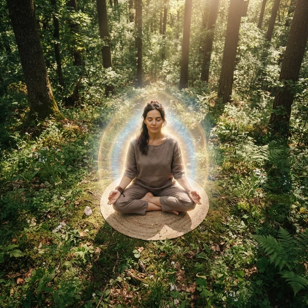 Overhead view of a person meditating outdoors in a natural environment with sunlight filtering through trees, peaceful expression, and