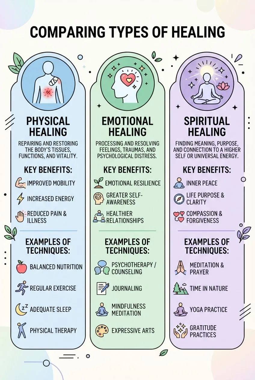 A three-column infographic comparing physical healing, emotional healing, and spiritual healing, each column includes an icon, a short