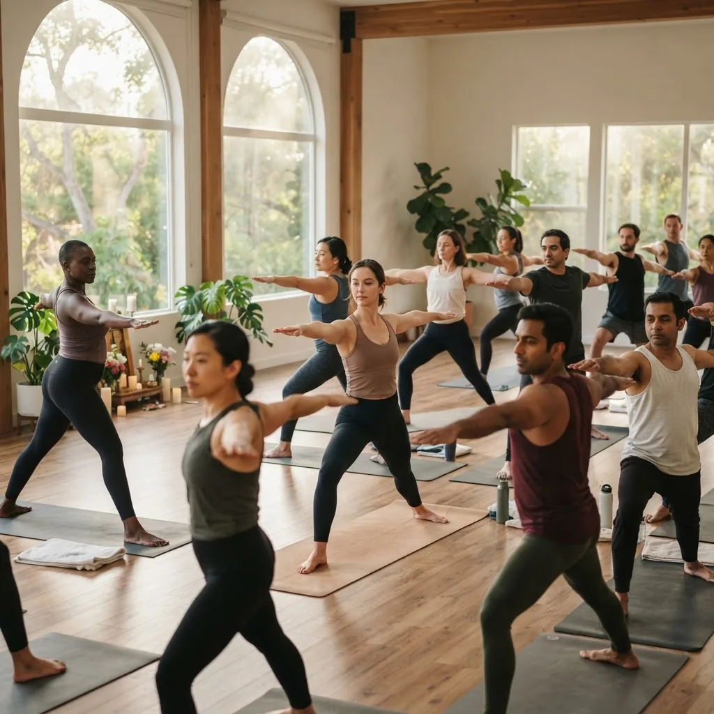 A diverse group of people practicing yoga together in a bright, airy studio, with natural sunlight filtering in, reflecting physical