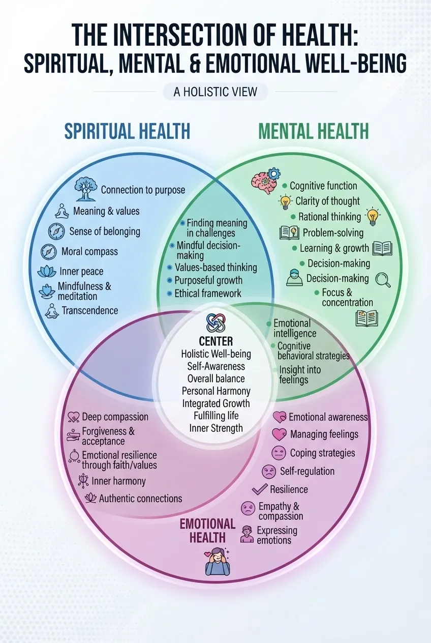 A clear Venn diagram infographic showing three intersecting circles labeled “Spiritual Health,” “Mental Health,” and “Emotional Health,”