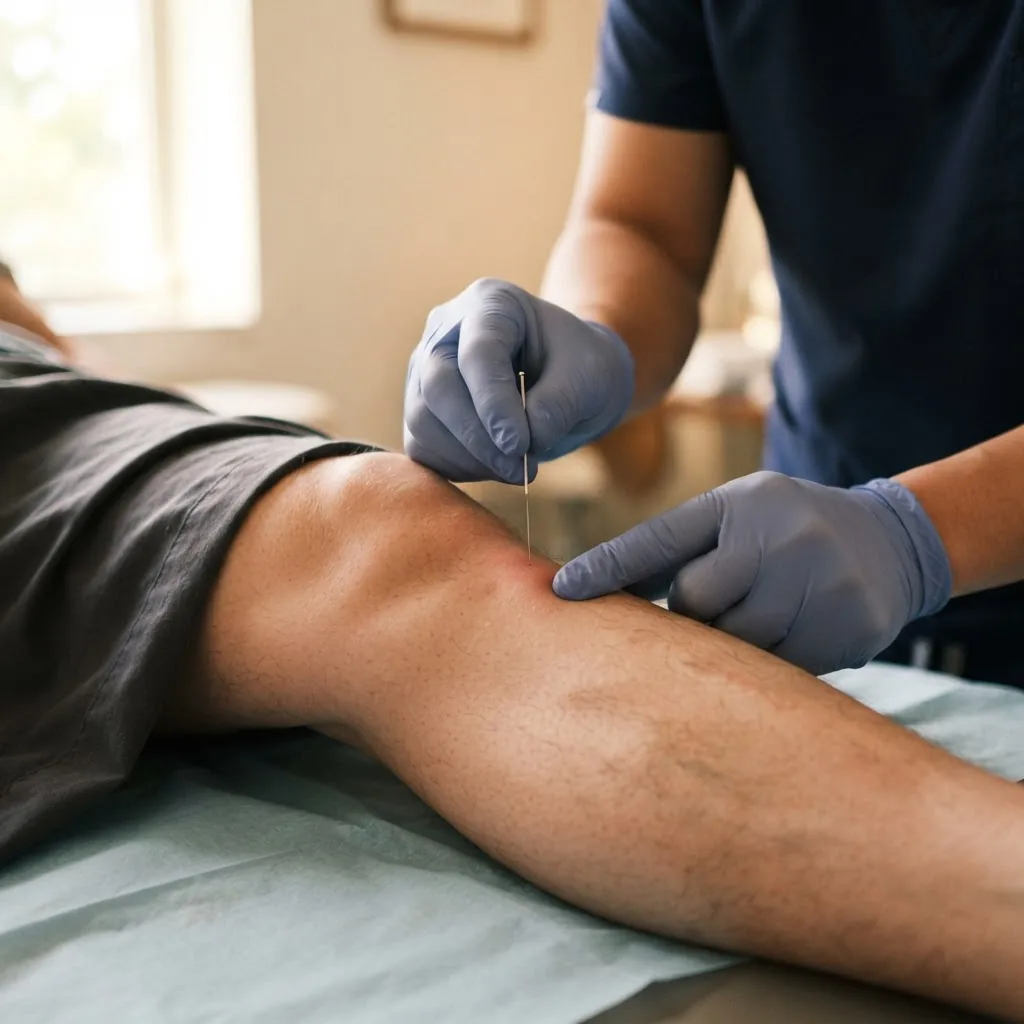 a practitioner’s hand demonstrating needle placement at an important stomach meridian acupoint (such as ST36) on a patient's leg, clinical