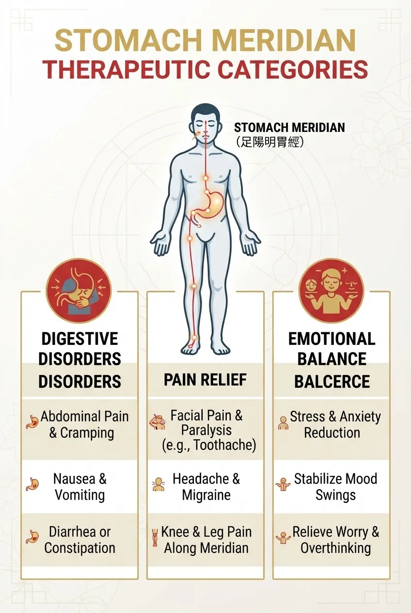 with a 3-column layout, each column showing stomach meridian therapeutic categories: digestive disorders, pain relief, emotional balance;