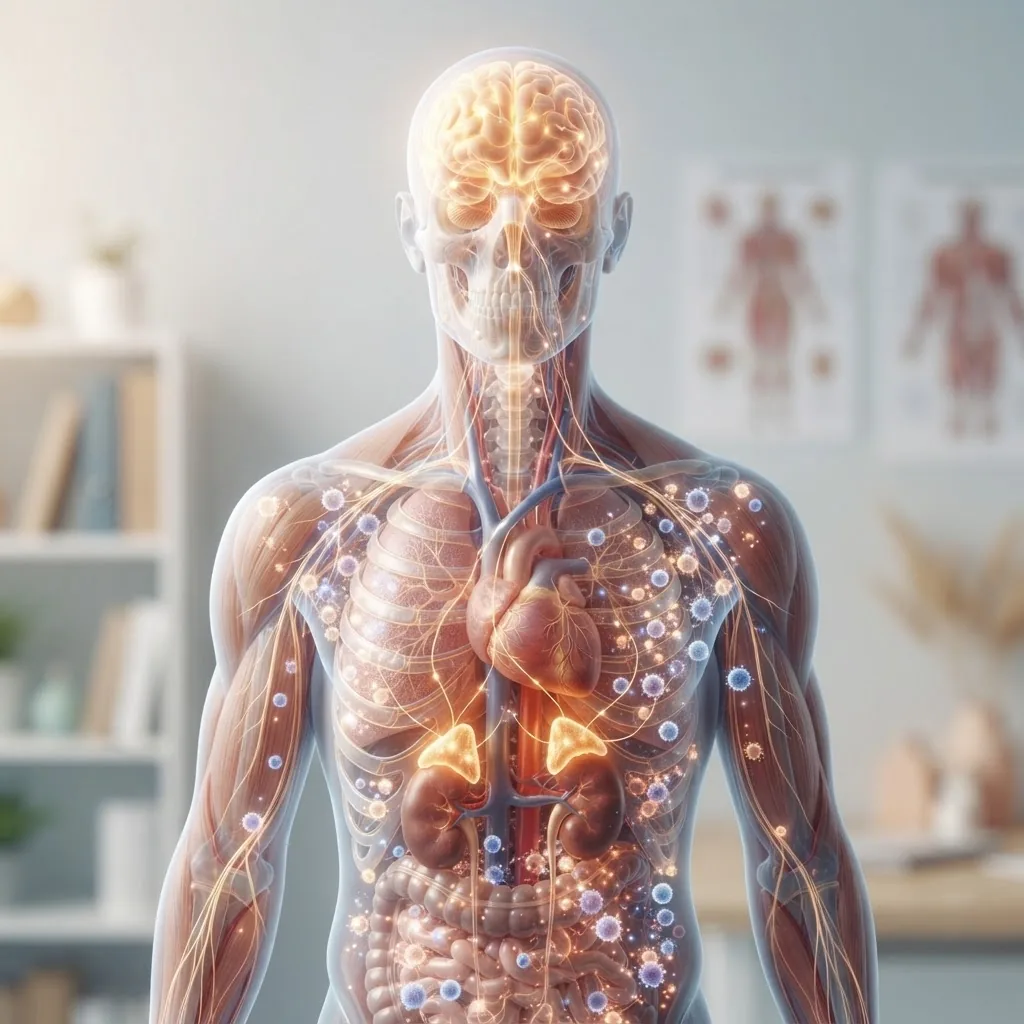 Close-up illustration-style photo of a human torso highlighting the brain, adrenal glands, and immune cells, with a calm background, soft