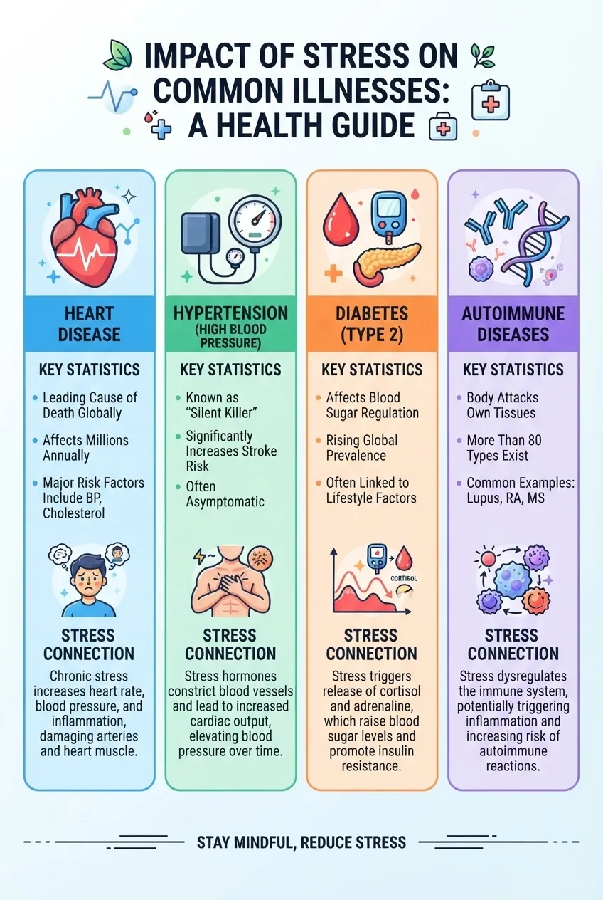A clean, modern infographic with four columns each representing a common illness (heart disease, hypertension, diabetes, autoimmune