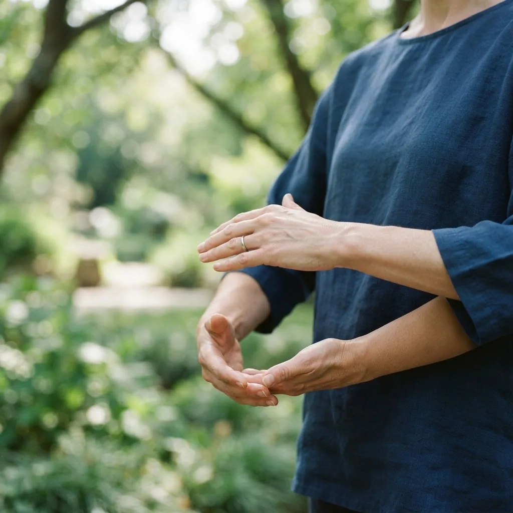 close-up of hands performing a Tai Chi Chi Kung Qi Gong breathing posture, showing subtle hand positioning against a blurred natural