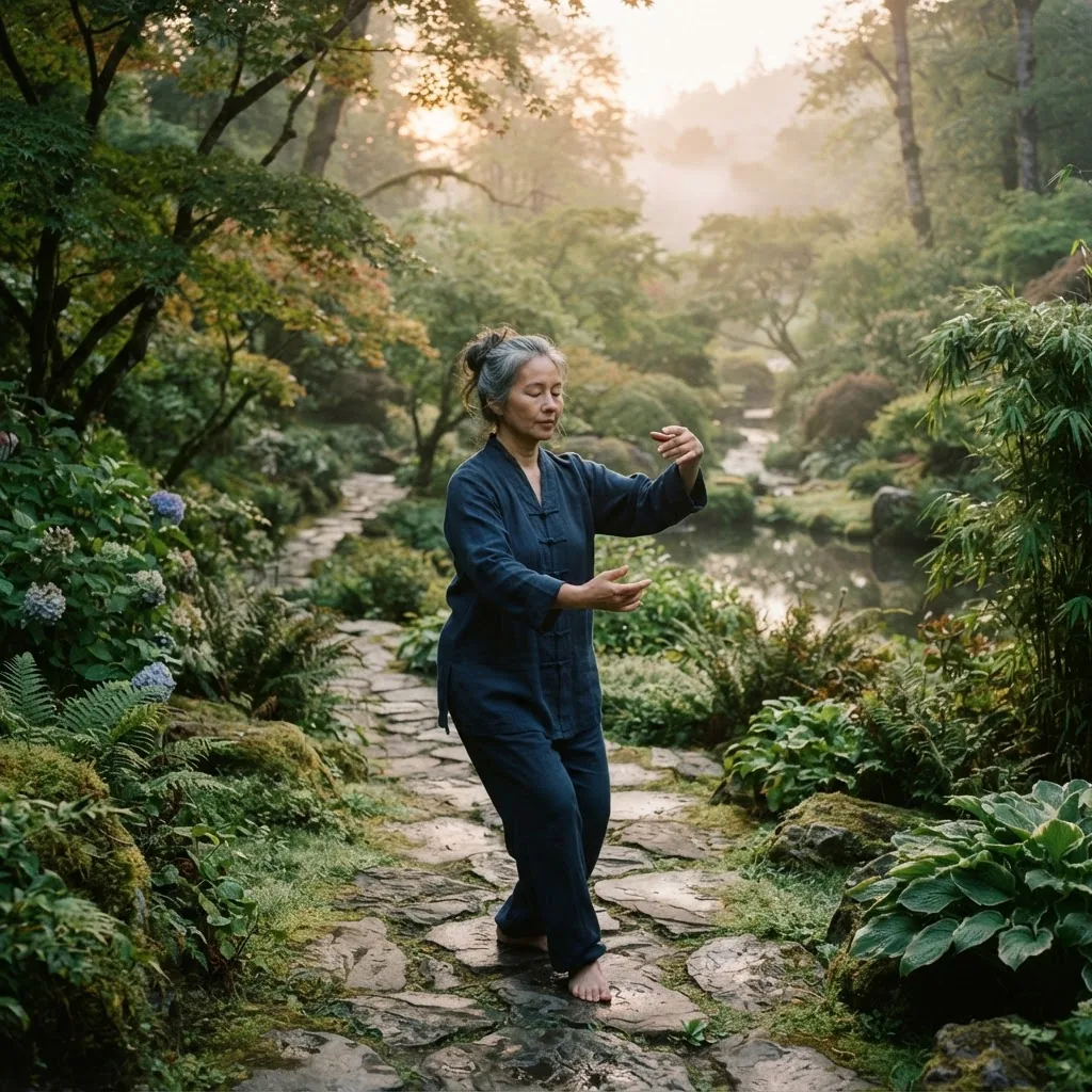 serene outdoor setting at dawn with a middle-aged person practicing slow Tai Chi Chi Kung movements on a stone path surrounded by lush